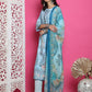 Jyoti Fashion Women's Turquoise Satin Traditional Digital Print with Crystal work Kurta with Trouser & Dupatta | Swadesiicart
