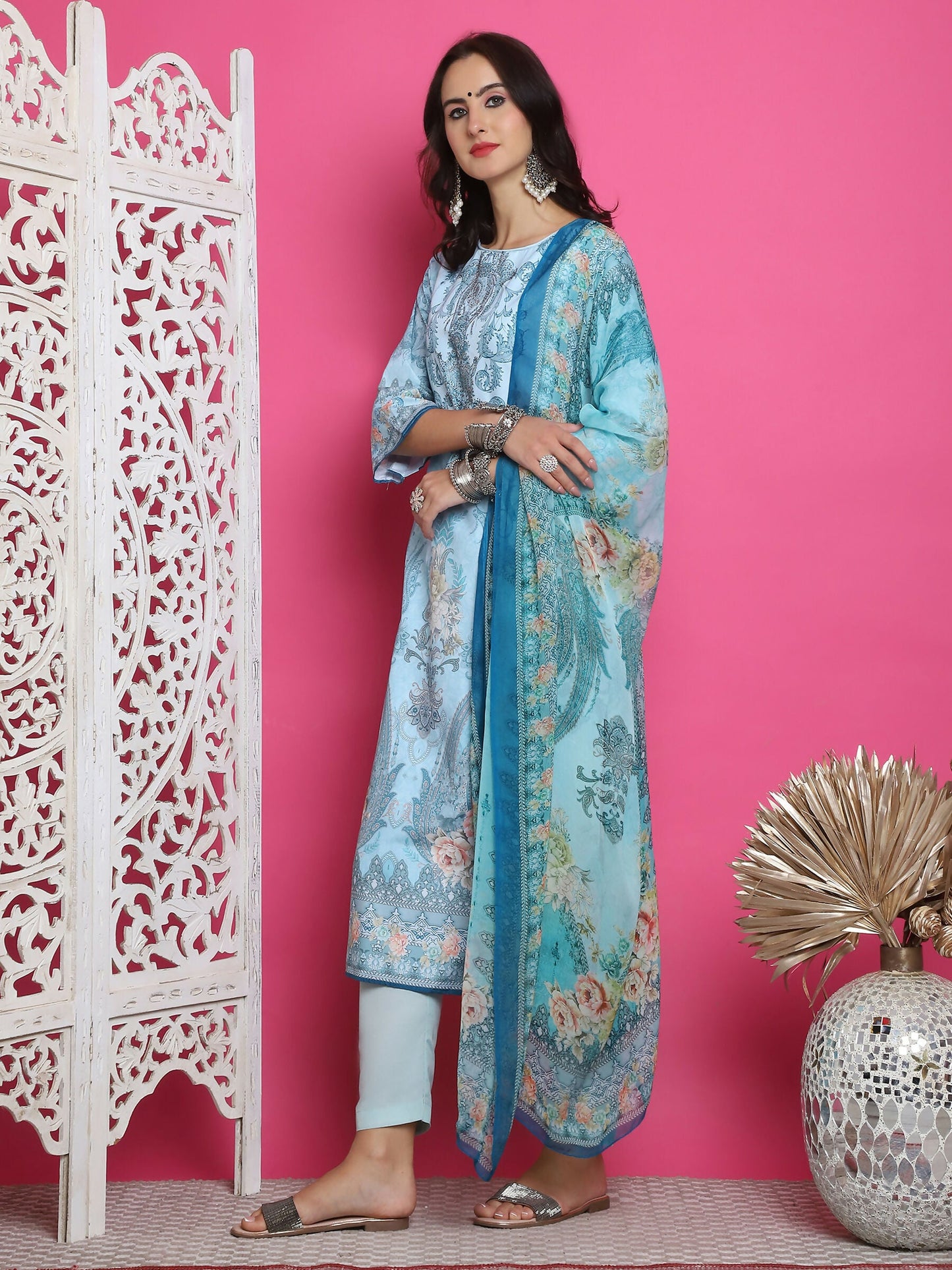 Jyoti Fashion Women's Turquoise Satin Traditional Digital Print with Crystal work Kurta with Trouser & Dupatta | Swadesiicart