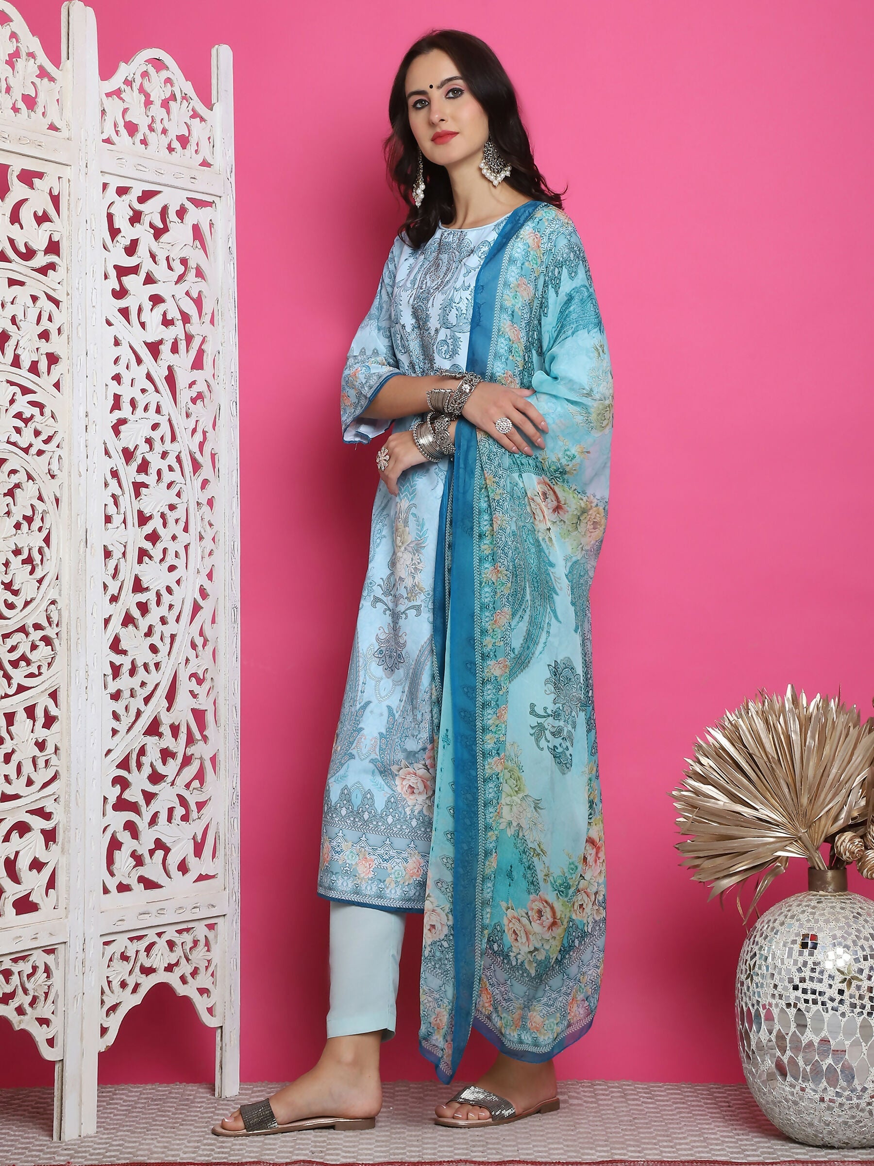 Jyoti Fashion Women's Turquoise Satin Traditional Digital Print with Crystal work Kurta with Trouser & Dupatta | Swadesiicart