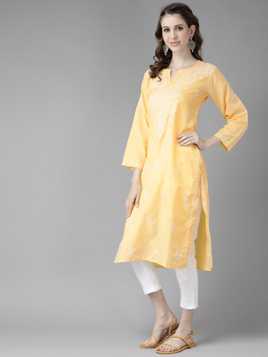 ADA Women Yellow & White Cotton Sustainable Hand Embroidered Chikankari Kurta & Trousers | Swadesiicart