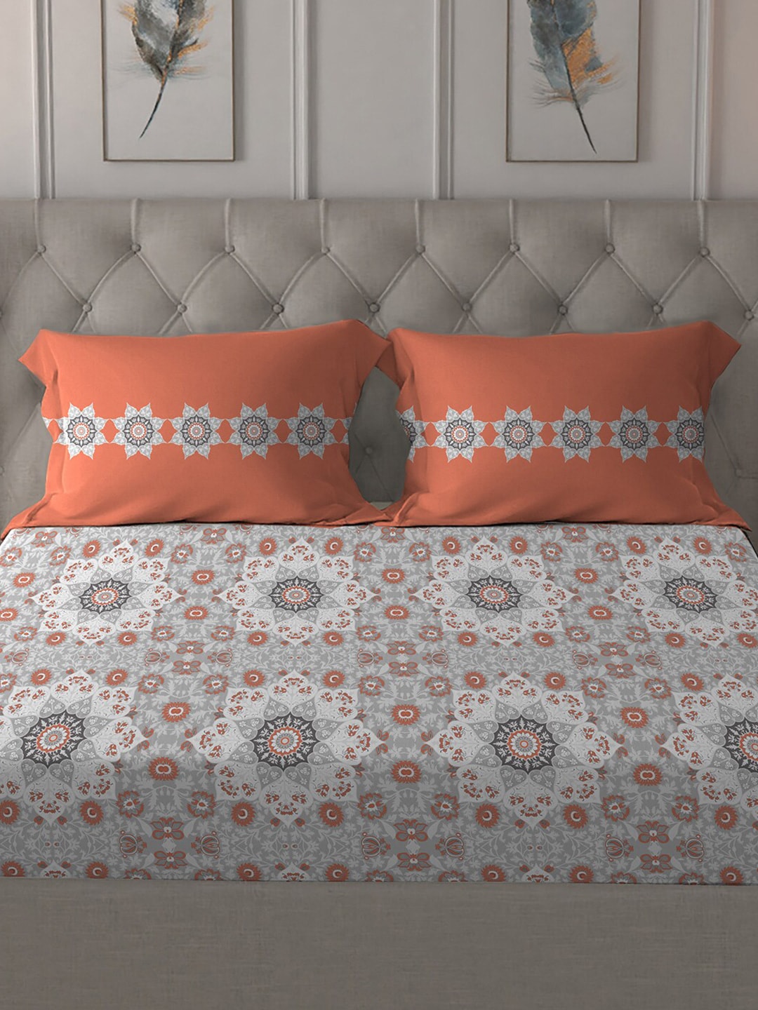 MYTRIDENT Grey White Floral Pure Cotton 144 TC Queen Bedsheet With 2 Pillow Covers - Swadesiicart
