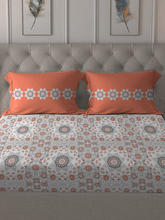 MYTRIDENT Grey White Floral Pure Cotton 144 TC Queen Bedsheet With 2 Pillow Covers - Swadesiicart