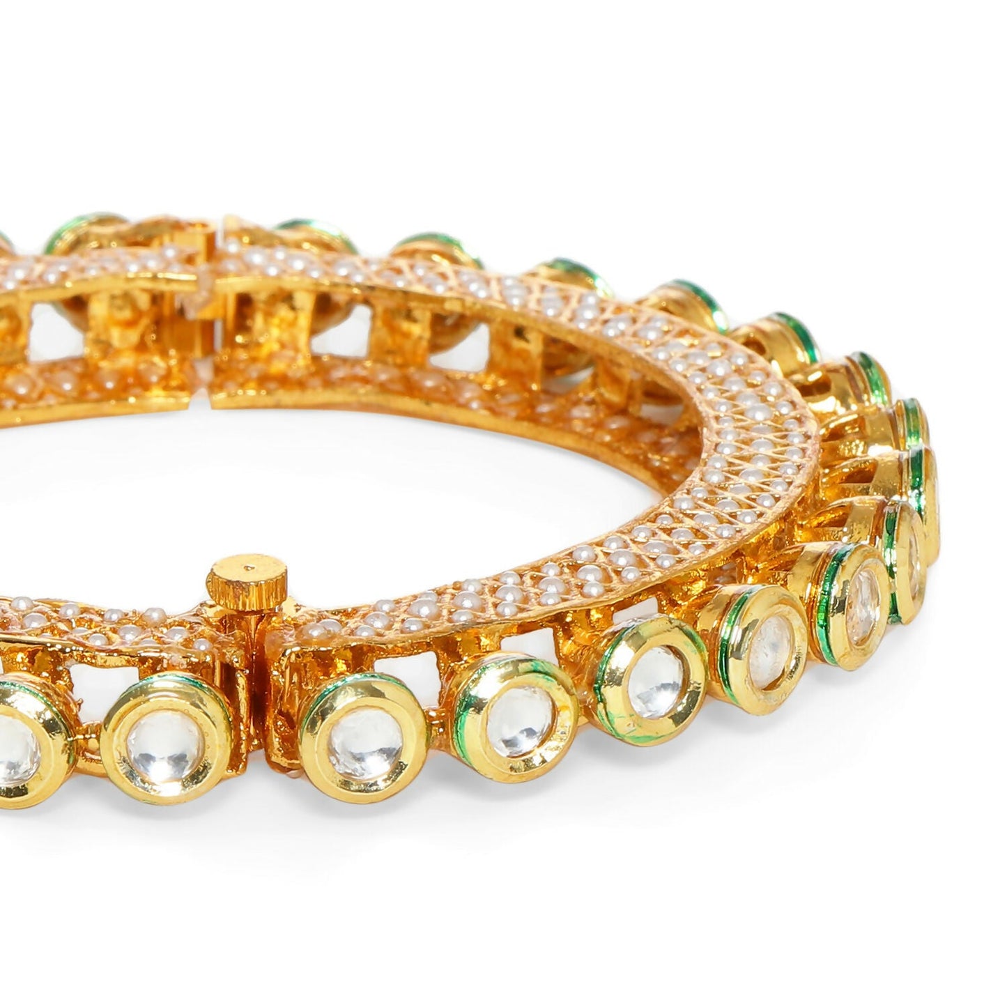 Kundan and Pearl Studded Bangle (Gold) - Ruby Raang - Swadesiicart