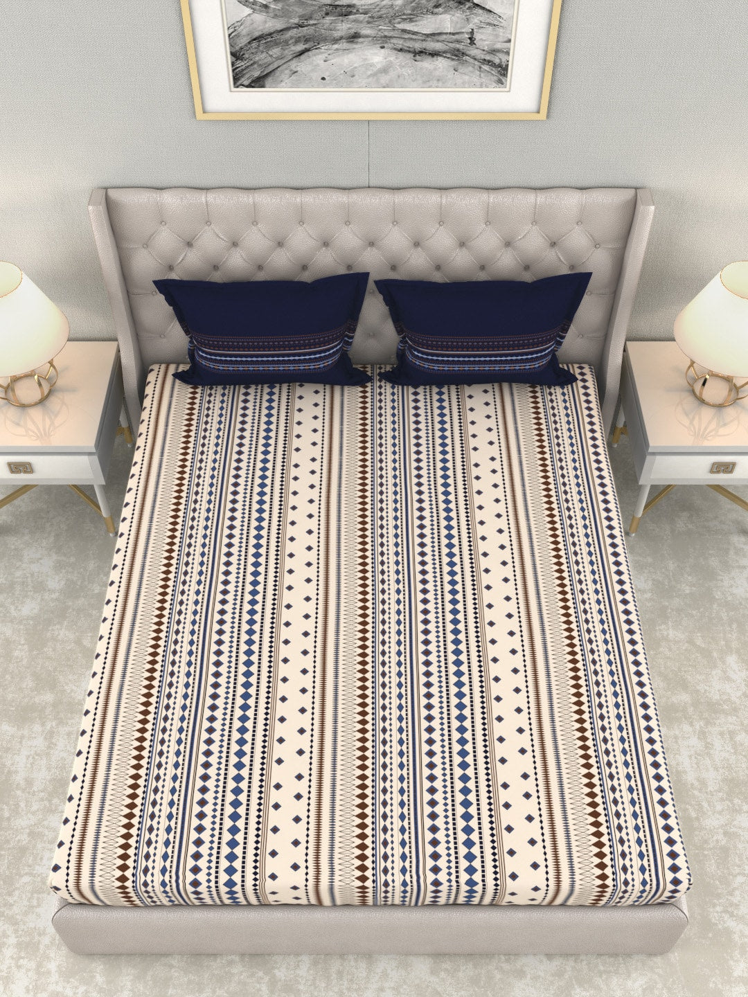MYTRIDENT Multicoloured Blue Geometric 120 TC Cotton 1 Queen Bedsheet with 2 Pillow Covers - Swadesiicart