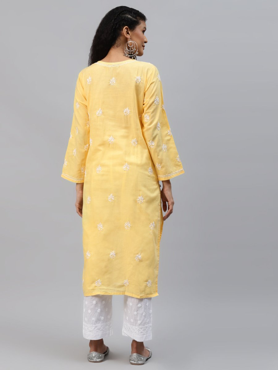 ADA Women Yellow Ethnic Motifs Embroidered Chikankari Handloom Kurta with Palazzos | Swadesiicart