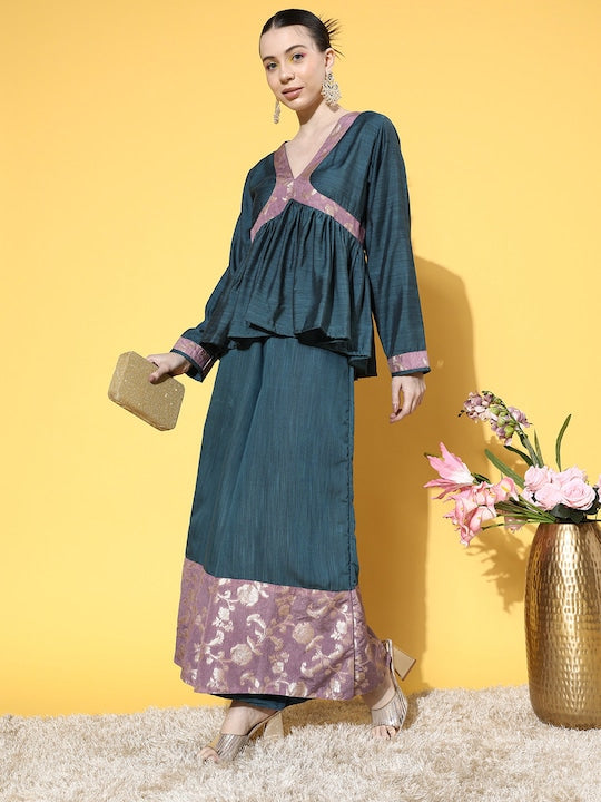 InWeave Women's Teal Mauve Brocade Mughal Shaan Kurta Palazzo Set - Swadesiicart