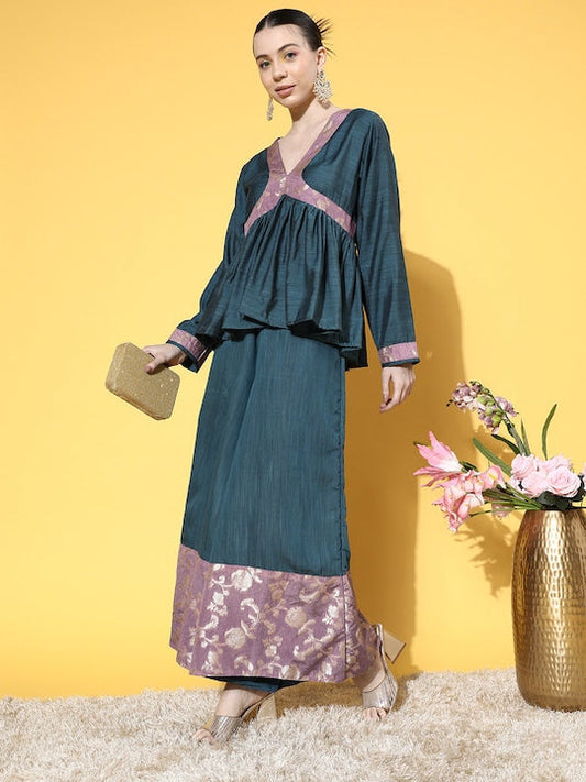 InWeave Women's Teal Mauve Brocade Mughal Shaan Kurta Palazzo Set - Swadesiicart