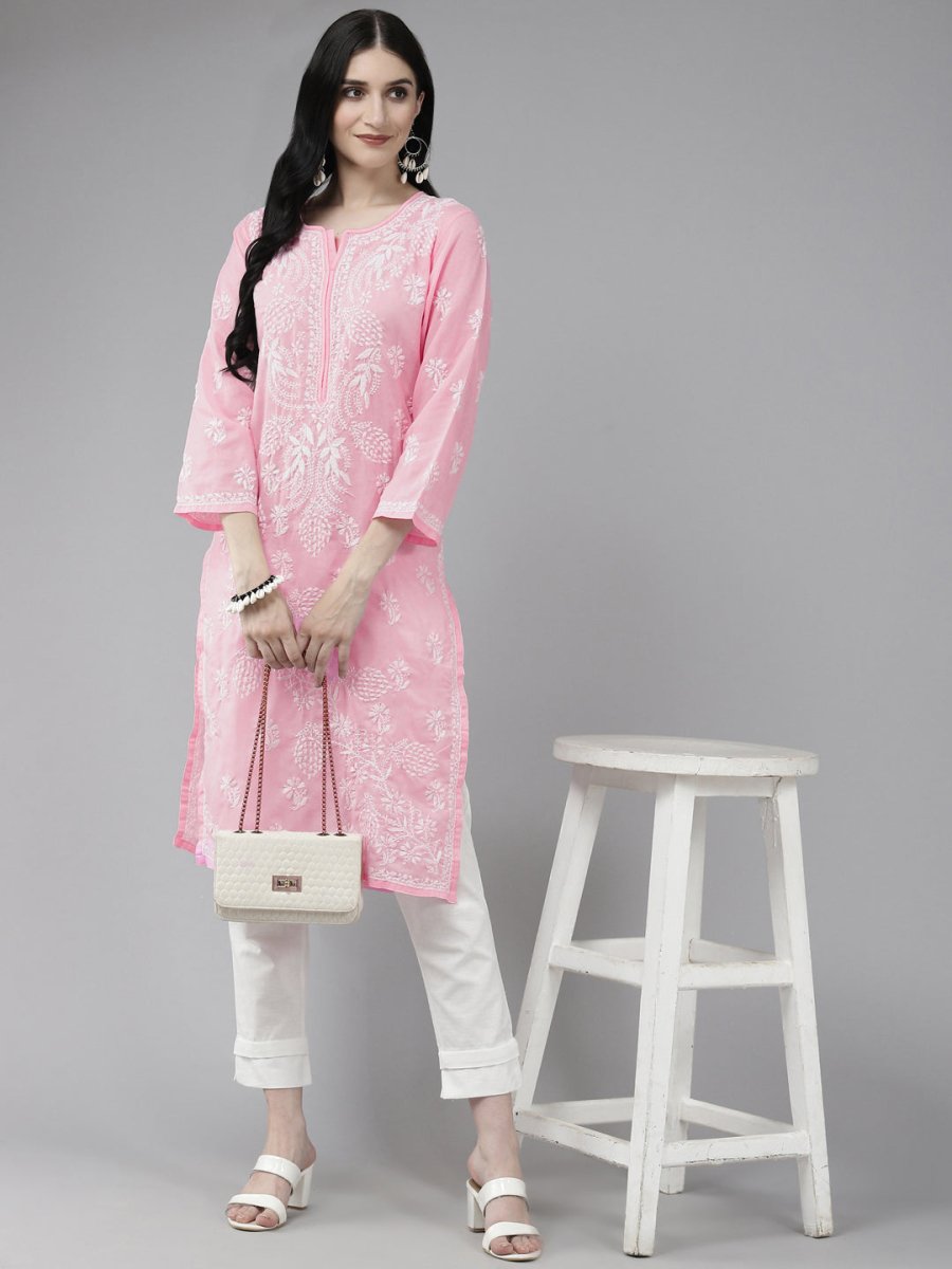 ADA Women Pink & White Ethnic Motifs Embroidered Chikankari Cotton Kurta | Swadesiicart