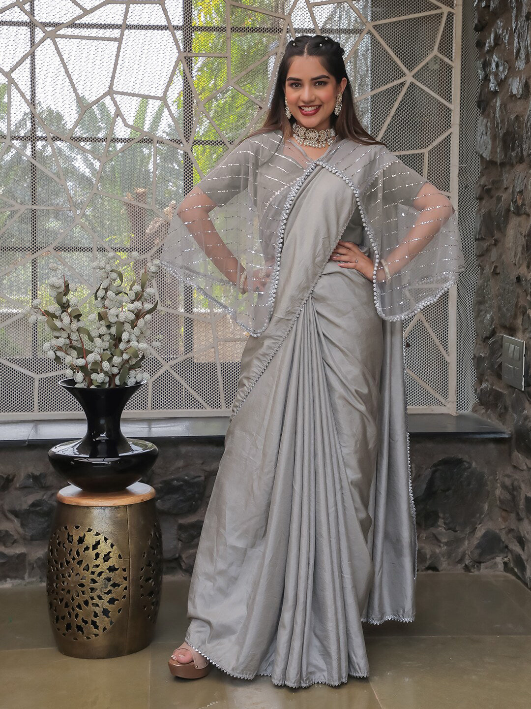Tikhi Imli Embellished Border Sequinned Saree With Cape | Swadesiicart