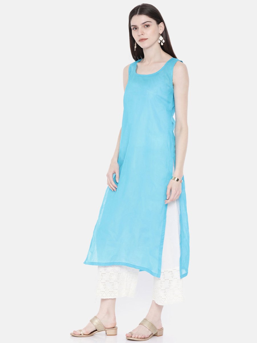 ADA Women Blue Embroidered Lucknow Chikankari Straight Kurta With Slip | Swadesiicart
