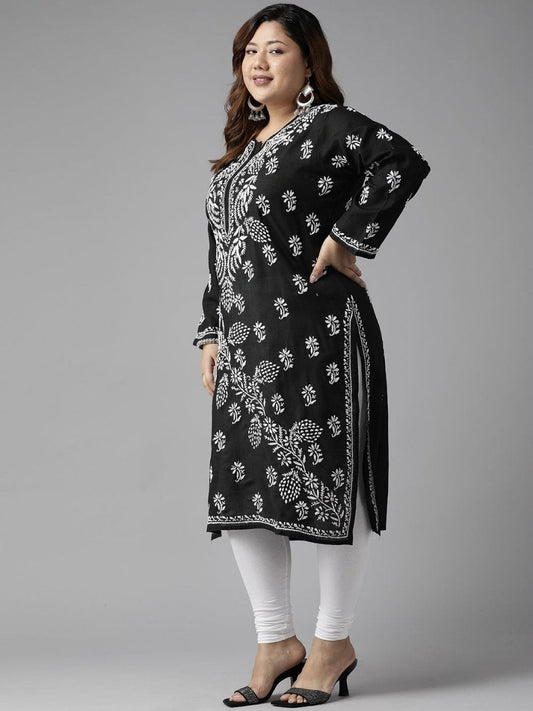 ADA Women Plus Size Black Floral Embroidered Chikankari Kurta | Swadesiicart