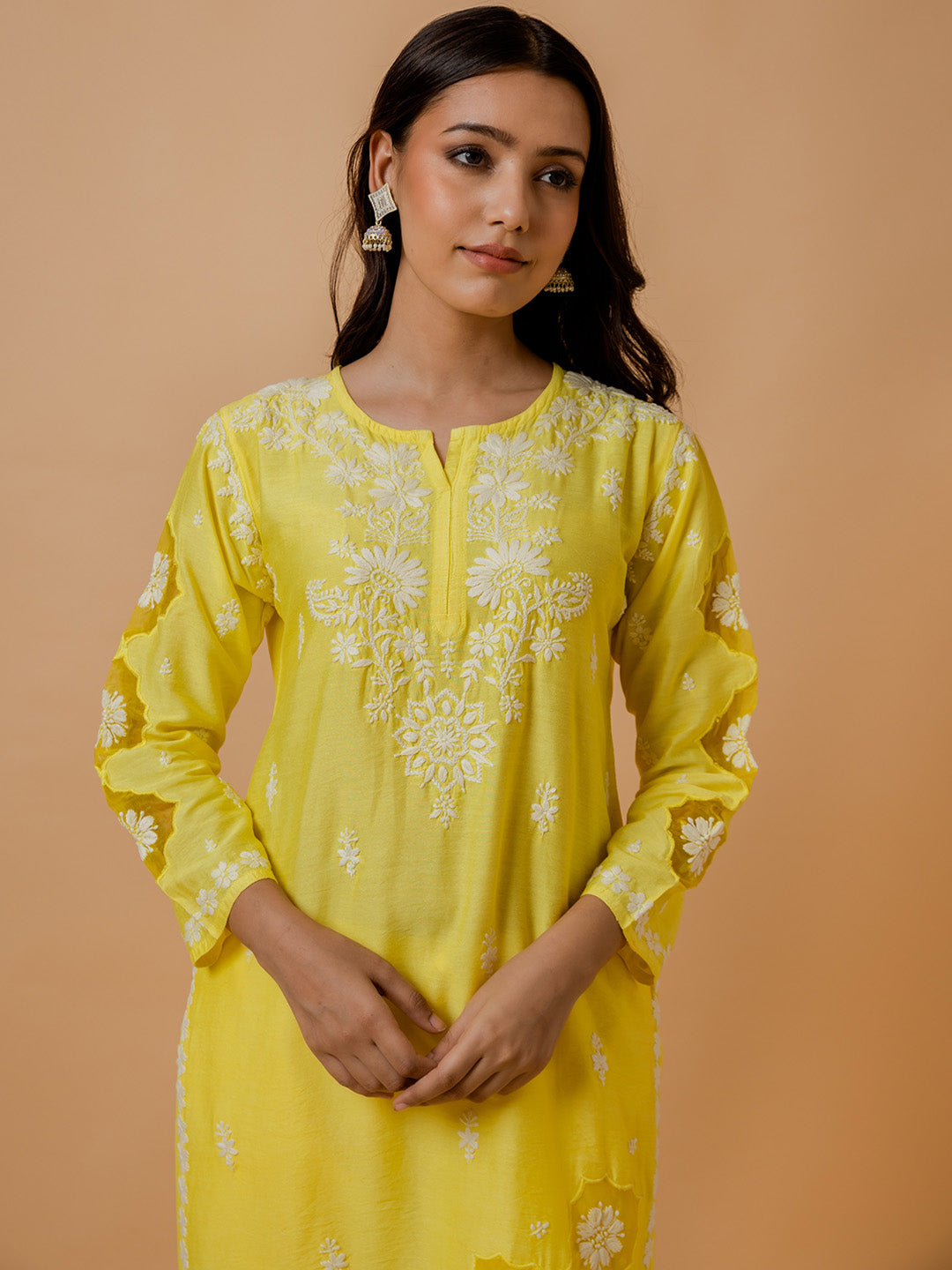 HOUSE OF KARI Ethnic Motifs Embroidered Round Neck Chikankari Chanderi Silk Kurta | Swadesiicart