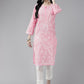 ADA Women Pink & White Ethnic Motifs Embroidered Chikankari Cotton Kurta | Swadesiicart