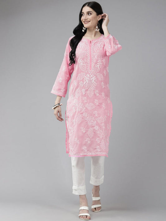 ADA Women Pink & White Ethnic Motifs Embroidered Chikankari Cotton Kurta | Swadesiicart