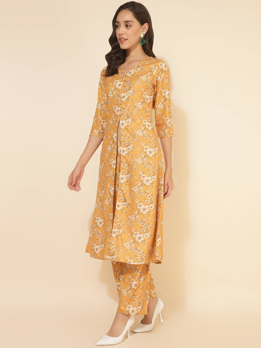 Janasya Women's Mustard Moss Floral Printed Casual Front Slit Co-ords - Swadesiicart