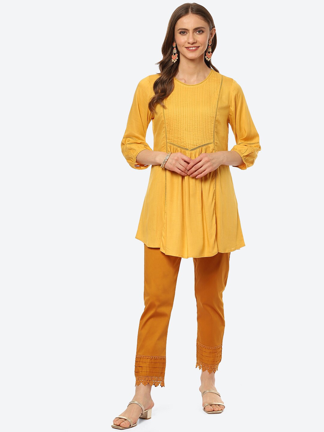 Biba Women Yellow Pleated And Panelled Puff Sleeves Kurti - Swadesiicart