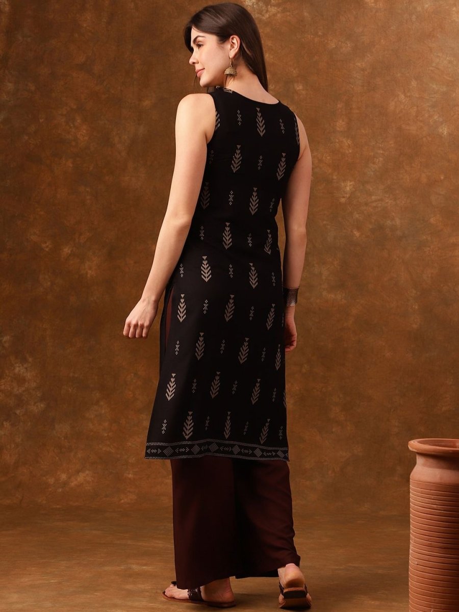 Anouk Black Ethnic Motifs Printed Sleeveless Straight Kurta - Swadesiicart