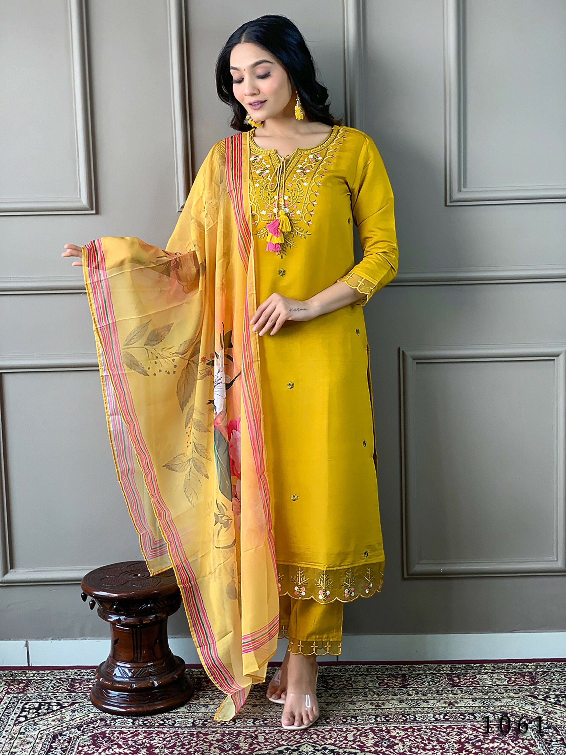 Partywear Designer Chanderi Mustard Stitched Suit With Dupatta - Tanisha | Swadesiicart