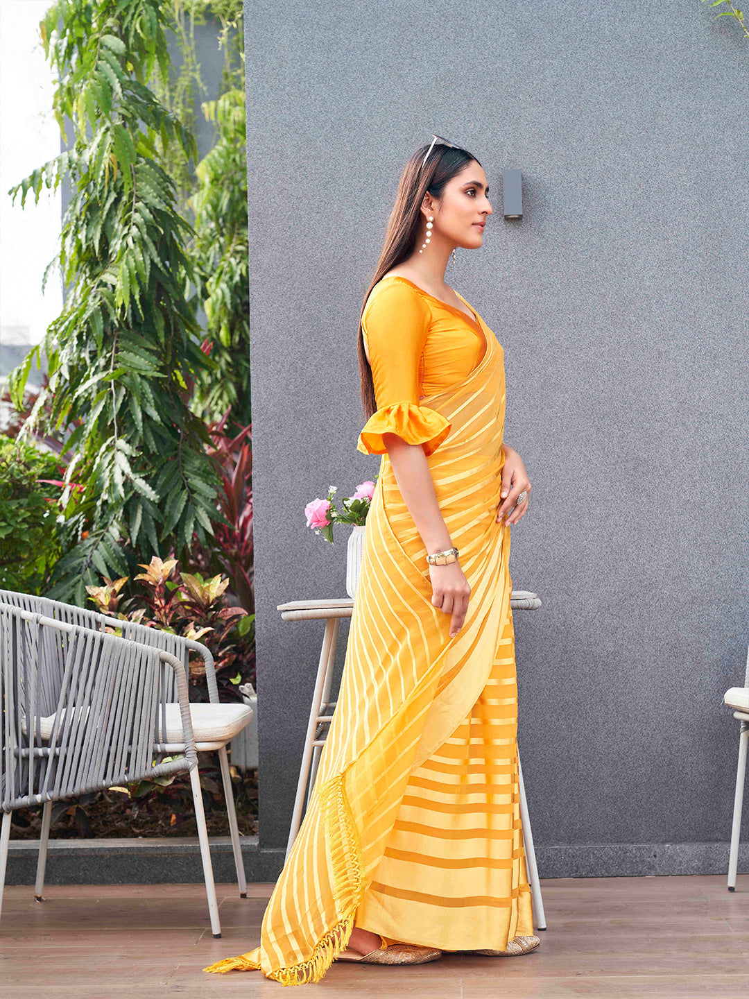 Tikhi Imli Striped Georgette Ready to Wear Saree | Swadesiicart