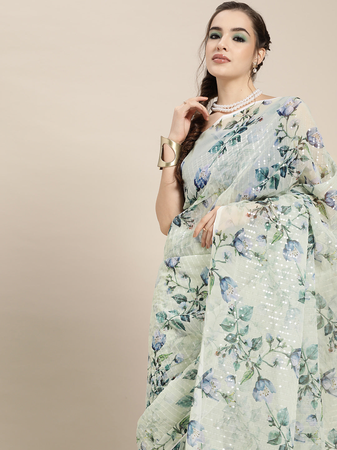 Saree Mall Blue Floral Sequinned Linen Blend Chanderi Saree | Swadesiicart