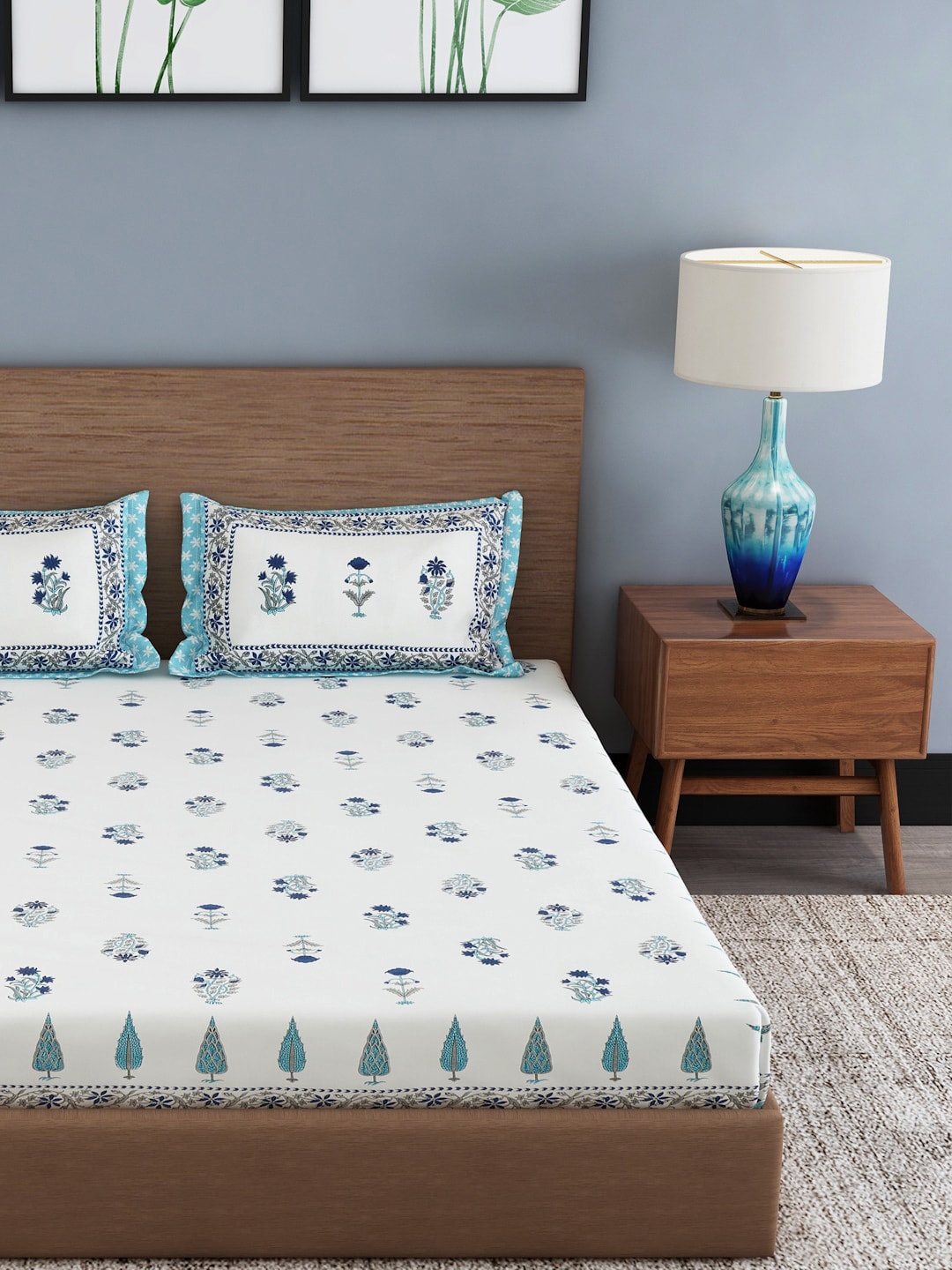 Rajasthan Decor Cream-Coloured & Blue Ethnic Motifs 180 TC Cotton 1 King Bedsheet with 2 Pillow Covers - Swadesiicart