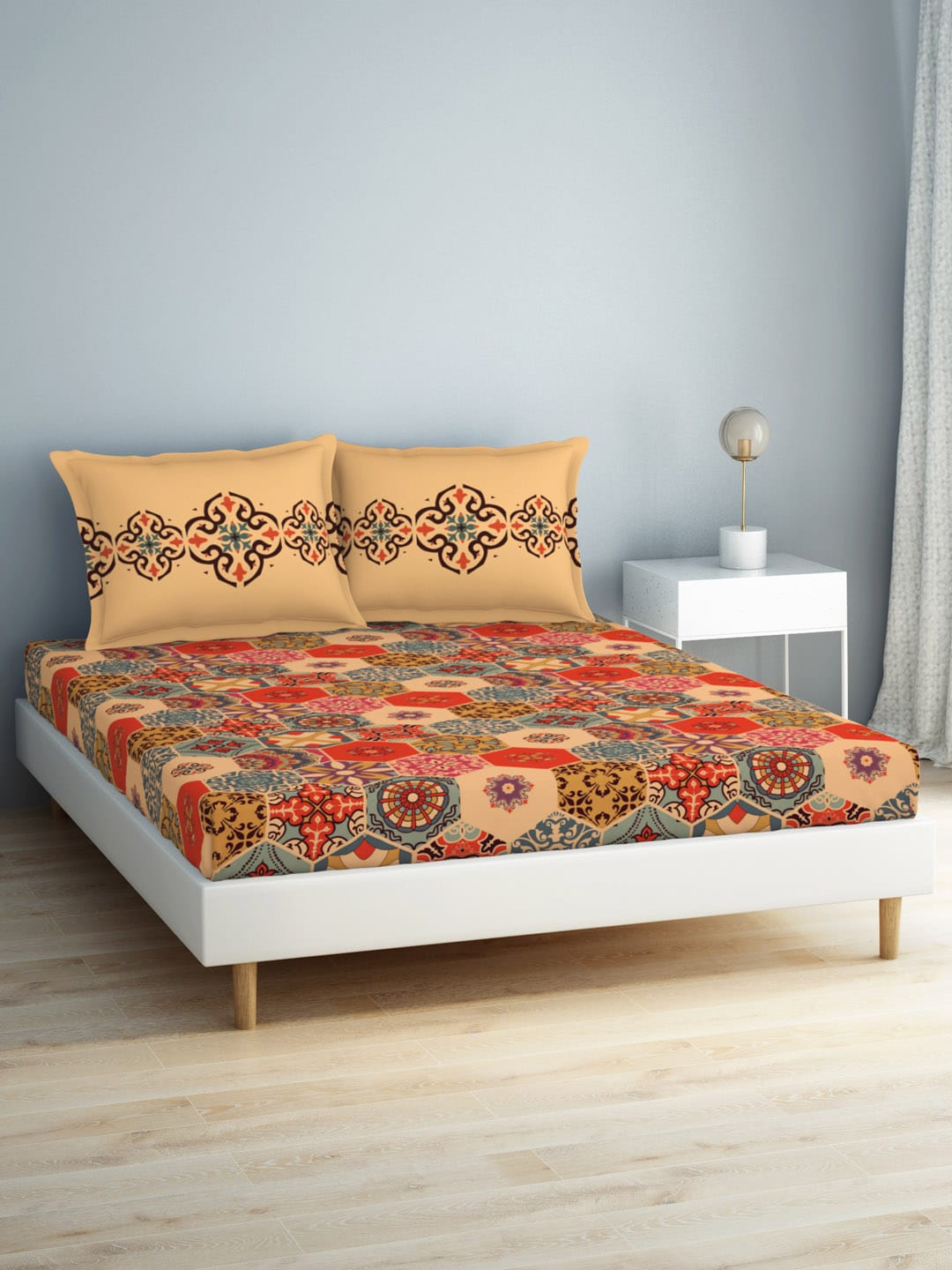 SPACES Aurum Orange Ethnic Motifs Pure Cotton 140 TC Queen Bedsheet with 2 Pillow Covers - Swadesiicart