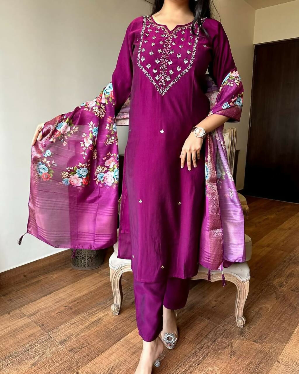 The52 Wine Women's Gorgeous Embroidered Rayon Fabric Straight Kurta Pant with Dupatta Set - Swadesiicart