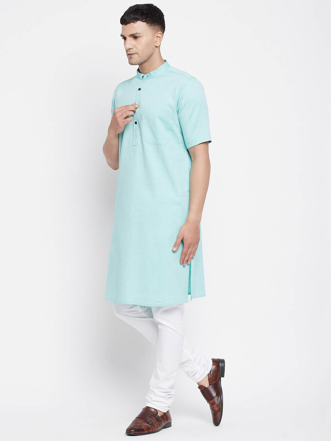Even Apparels Green Pure Cotton Men's H/S Kurta With Band Collar | Swadesiicart