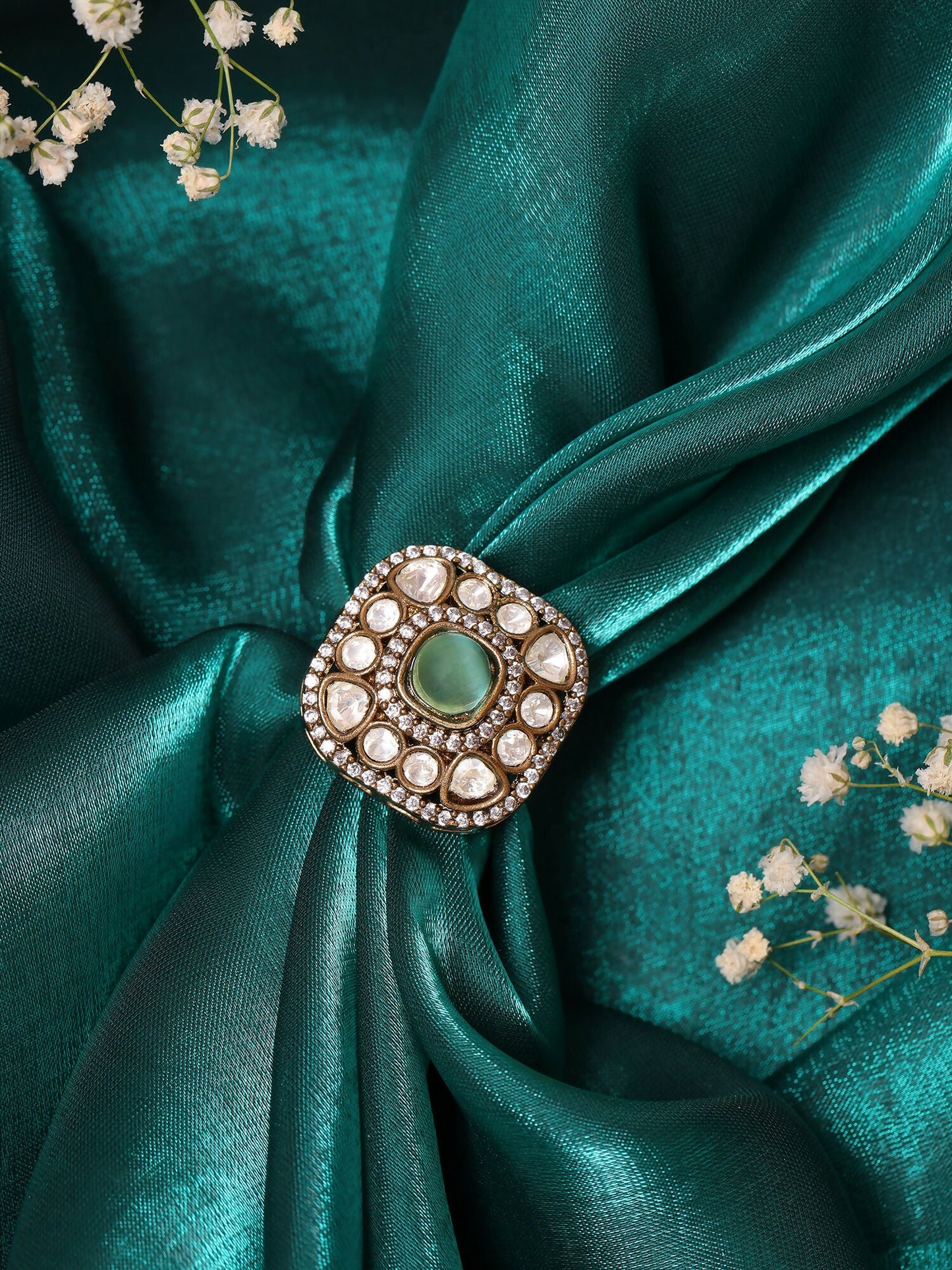 Ruby Raang Gold Polished Green Kundan And Stone Ring | Swadesiicart
