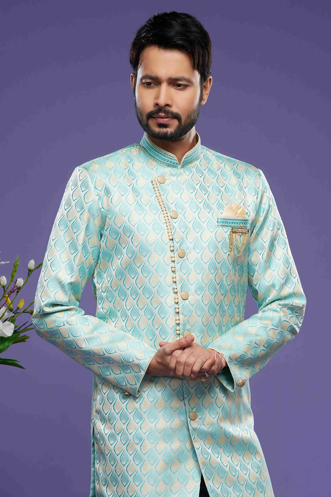 Raivat Ethnic Banarasi Jacquard Embroidery Semi Indo Western Sherwani In Sky Blue Colour | Swadesiicart