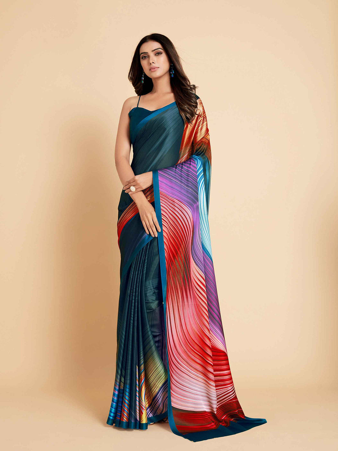 Sangria Navy Blue & Violet Satin Ready to Wear Saree | Swadesiicart