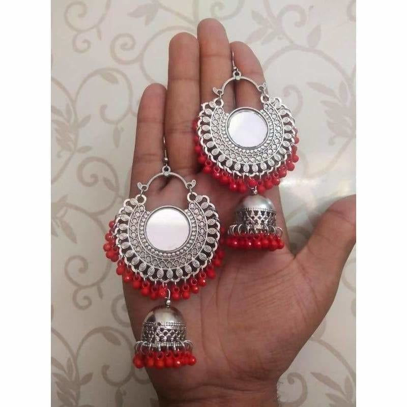 MS Fashion India Latest designer Red Color Pearls Mirror Tassel Jhumka Earrings | Swadesiicart