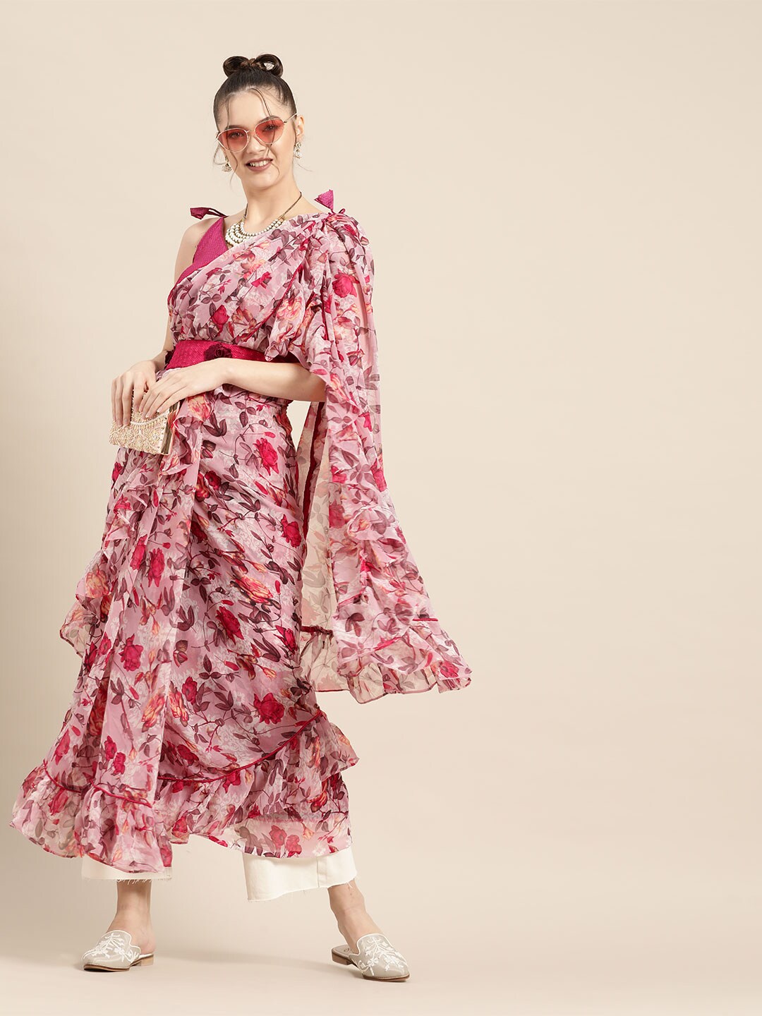 Tikhi Imli Pretty Pink Printed Poly Georgette Saree | Swadesiicart