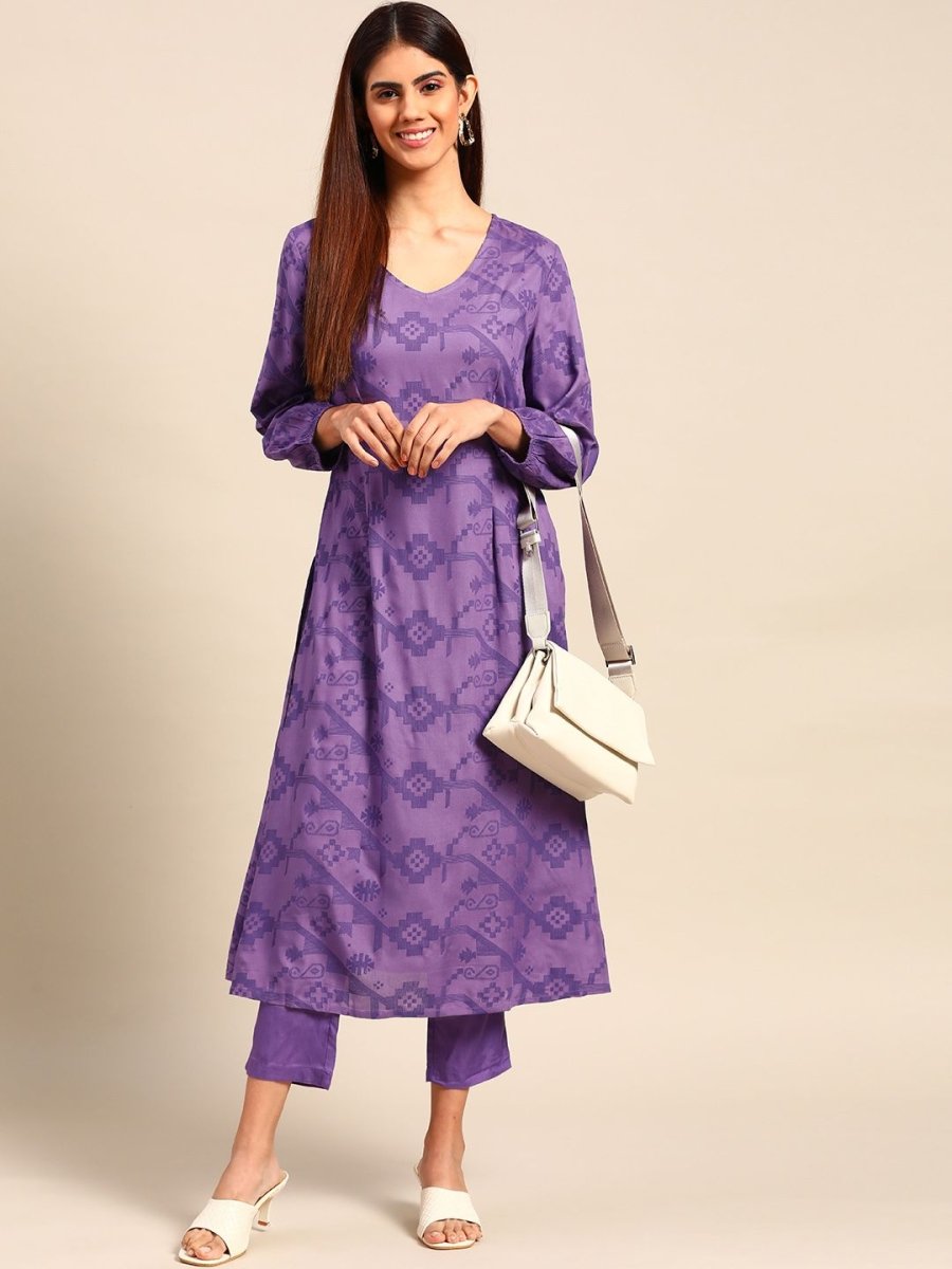 Anouk Women Purple Ethnic Motifs Printed Regular A-line Kurta with Trousers - Swadesiicart