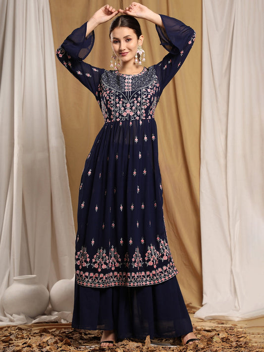 Kalini Women Navy Blue Floral Embroidered Thread Work Kurta with Sharara | Swadesiicart