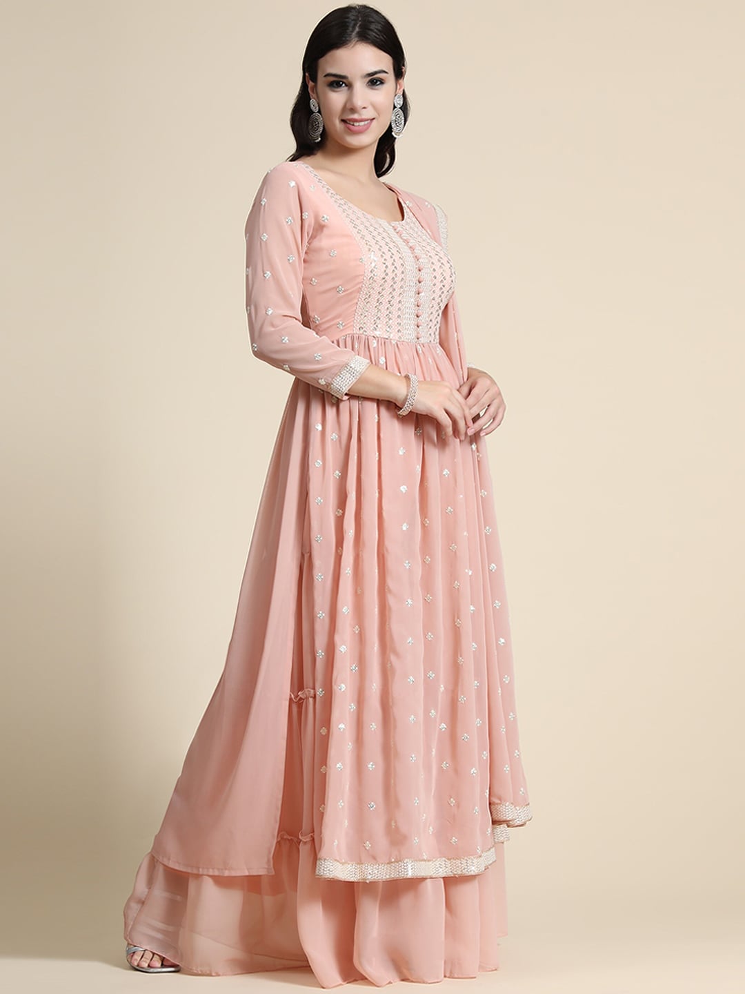 Kalini Women Peach-Coloured Ethnic Motifs Embroidered Empire Thread Work Kurta with Sharara & With Dupatta | Swadesiicart