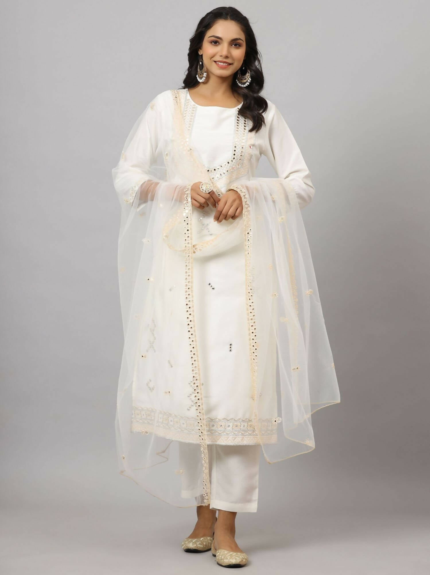 Juniper Women's White Chinnon Solid Embroidered Kurta Set | Swadesiicart