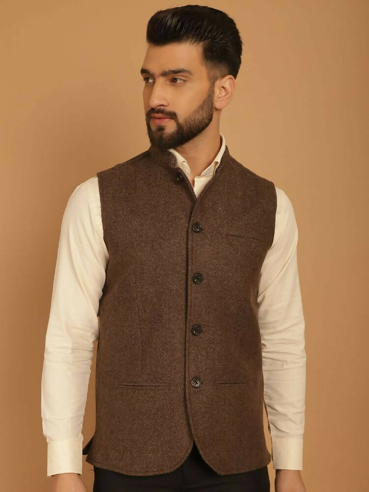Even Apparels Pure Wool Nehru Jacket - Brown | Swadesiicart