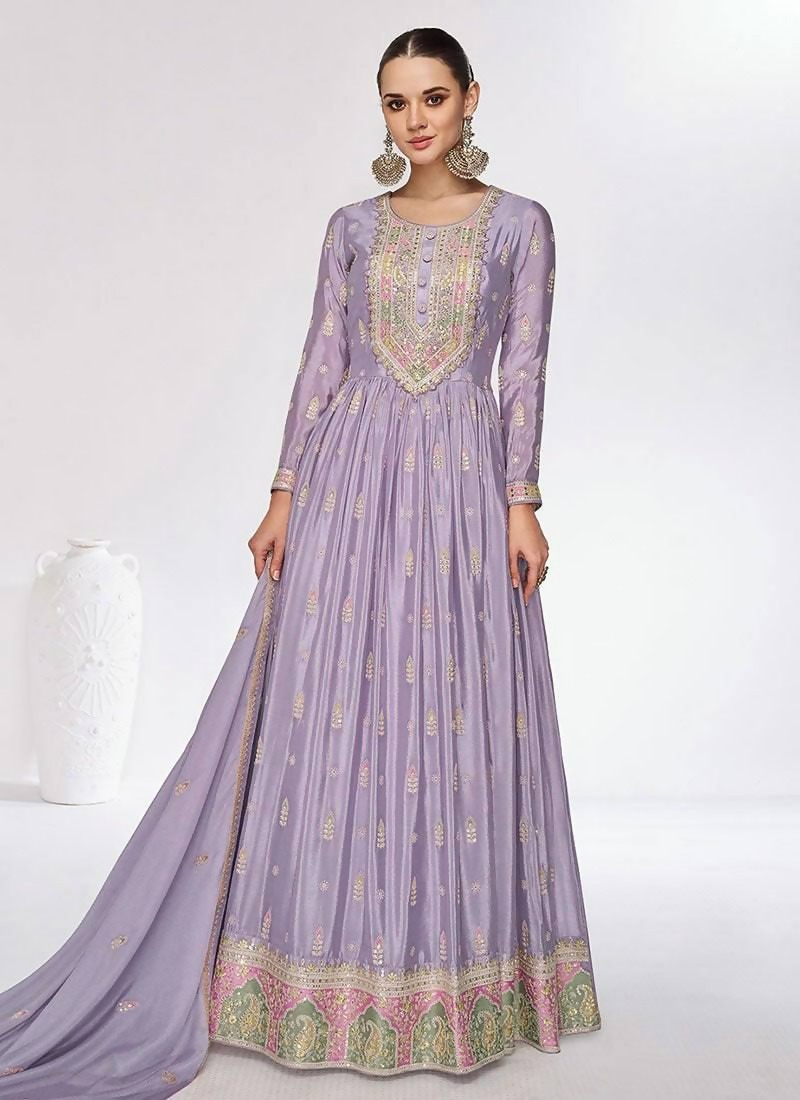 Lorenvalley Fashion Lavender Chinon Embroidery With Sequince Work Gown Stitched | Swadesiicart