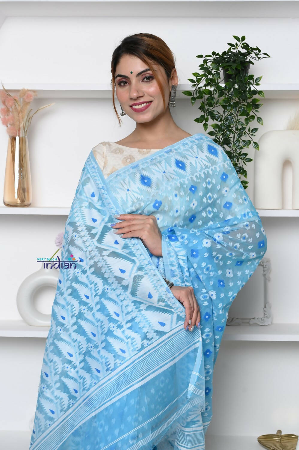 Very Much Indian Jamdhani Cotton Saree - Powder Blue | Swadesiicart