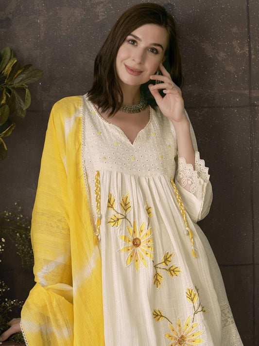 Anouk Embroidered Pleated Chikankari Pure Cotton A-Line Kurta With Trousers & Dupatta | Swadesiicart
