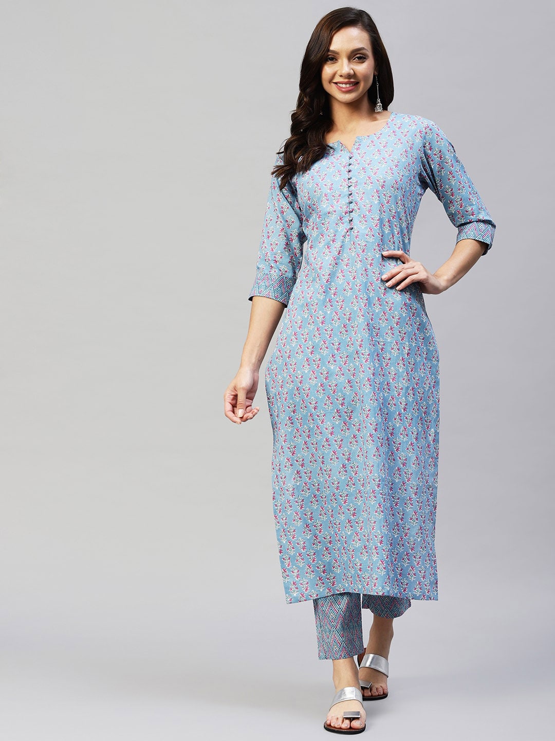 Kalini Floral Printed Notch Collar Kurta with Trousers - Swadesiicart