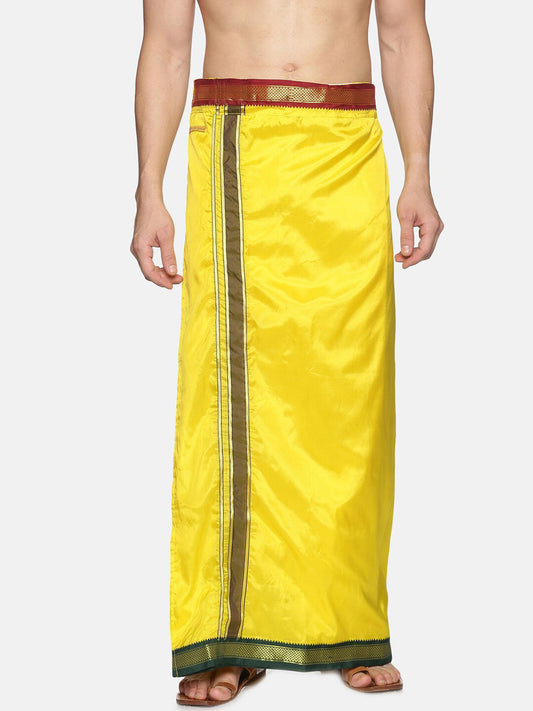 Sethukrishna Men Yellow & Green Solid Readymade Veshti Dhoti | Swadesiicart