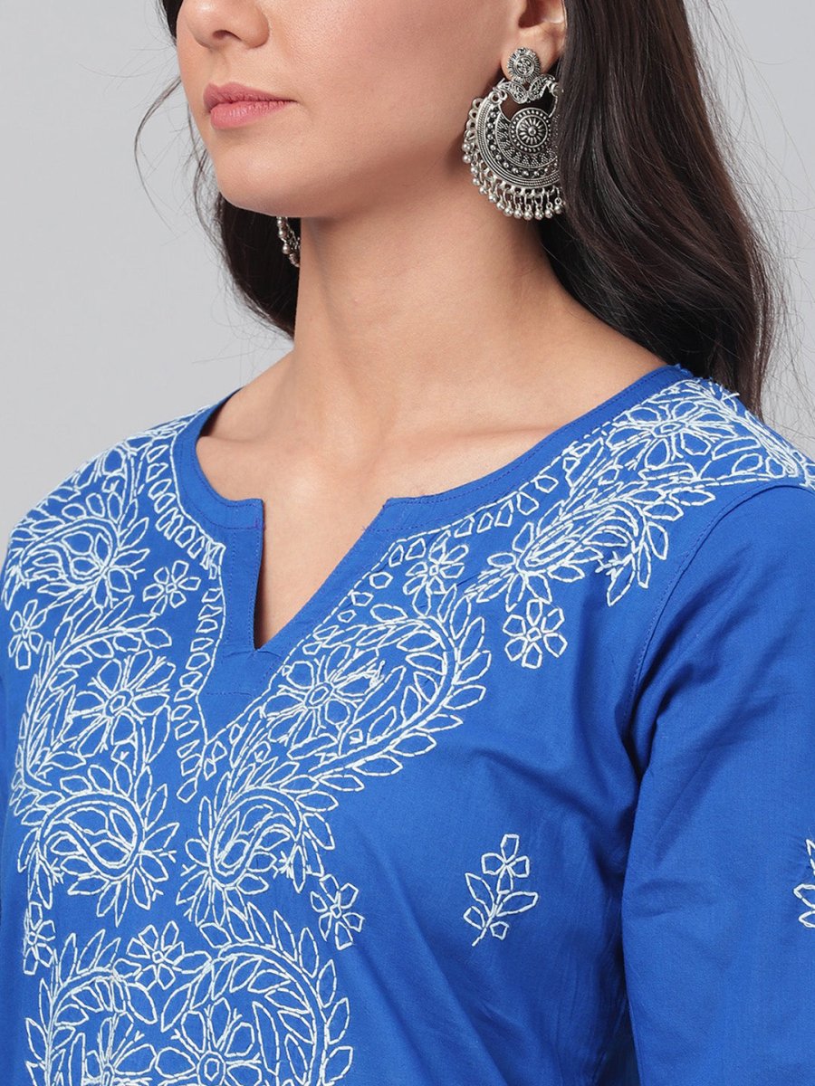 ADA Women Blue & White Chikankari Hand-Embroidered Straight Sustainable Handloom Kurta | Swadesiicart