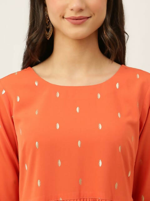 FIORRA Women's Orange Poly Crepe Flared Kurta With Dupatta - Swadesiicart
