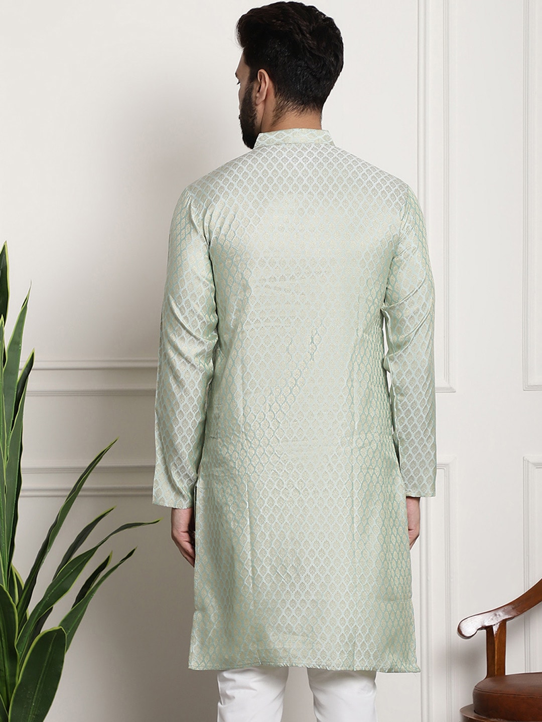 Sojanya Men Green & Beige Ethnic Motifs Jacquard Woven Design Straight Kurta | Swadesiicart