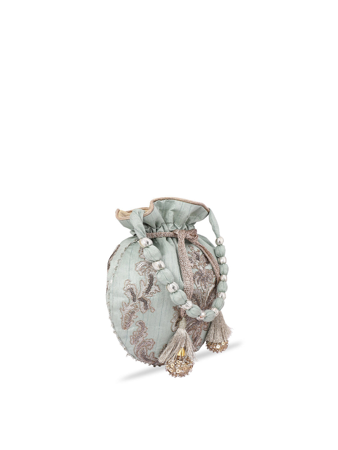 Masq Women Green & Silver-Toned Embellished Potli Clutch - Swadesiicart