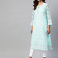 ADA Women Turquoise Blue & White Chikankari Embroidered Sustainable Handloom Kurta with Trousers & Inner | Swadesiicart