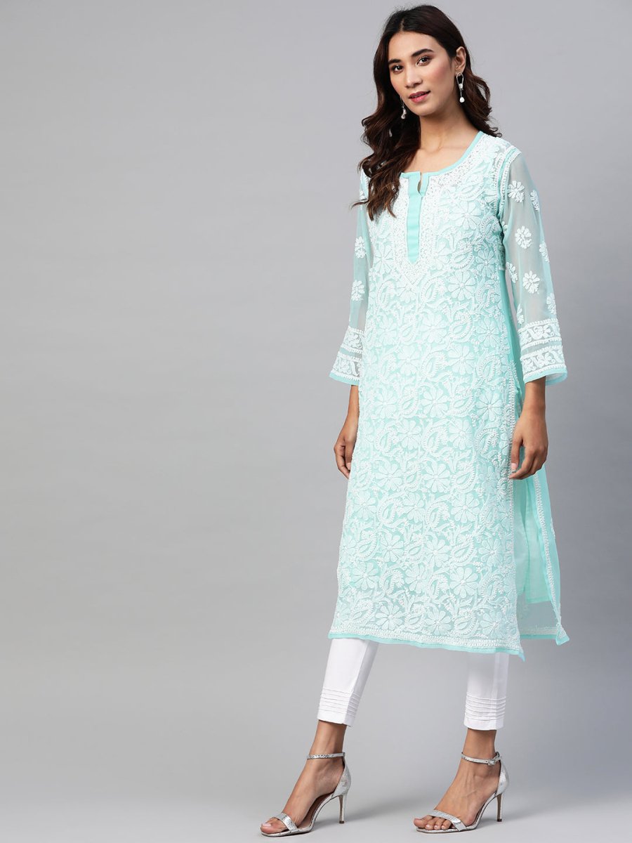 ADA Women Turquoise Blue & White Chikankari Embroidered Sustainable Handloom Kurta with Trousers & Inner | Swadesiicart