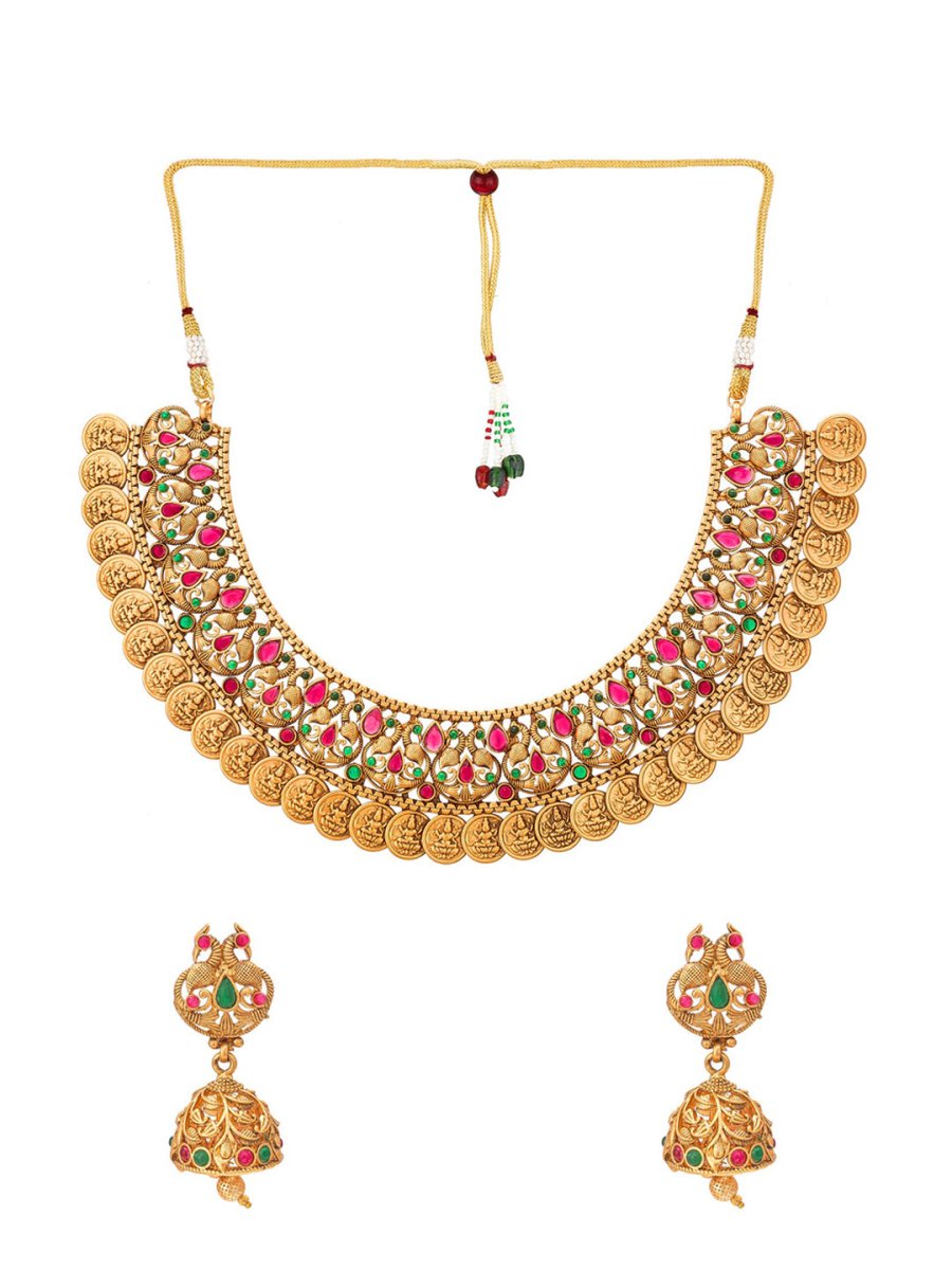 Aadita Gold-Polished Green & Pink Stone-Studded & Pearl Beaded Jewellery Set - Swadesiicart